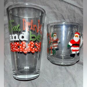 Festive Christmas Glass Eat Drink & be Merry & Milk for Santa glass mug Vintage